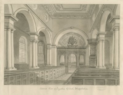 Interiør i Ingestre kirke: sepia tegning av John Buckler