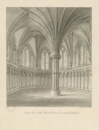 Interiør i Lichfield Cathedral - Chapter House: sepia-tegning av John Buckler