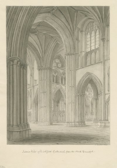 Interiør av Lichfield Cathedral - Kryss fra North Transept: sepia-tegning av John Buckler