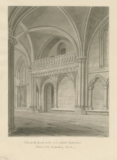 Interiør i Lichfield Cathedral - Inngang til Consistory Court: sepia-tegning av John Buckler
