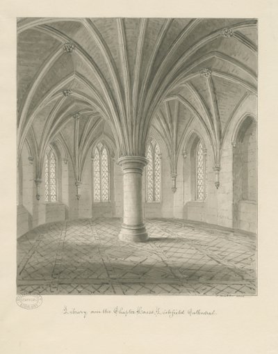 Interiør i Lichfield Cathedral - Bibliotek over Chapter House: sepia-tegning av John Buckler