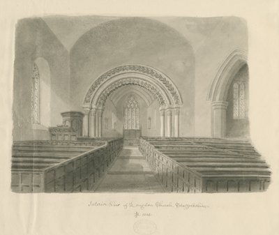 Interiør i Longdon Church: sepia-tegning av John Buckler