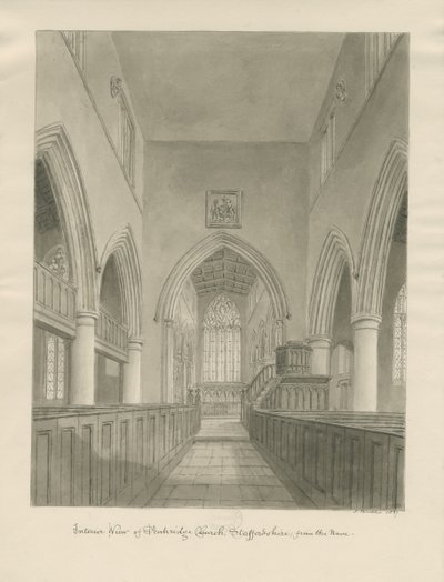 Interiør i Penkridge Church: sepia-tegning av John Buckler
