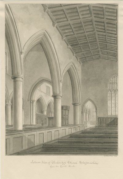 Interiør i Penkridge Church: sepia-tegning av John Buckler