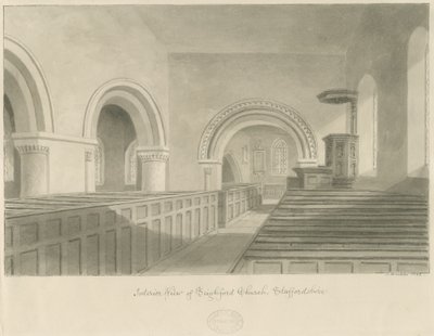Interiør i Seighford Church: sepia-tegning av John Buckler