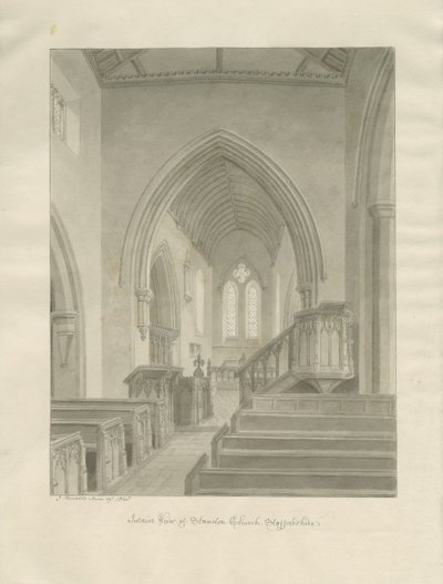Interiør i Standon Church: sepia-tegning av John Buckler