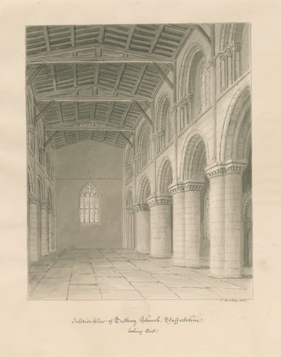 Interiør i Tutbury Priory Church: sepia vask tegning av John Buckler