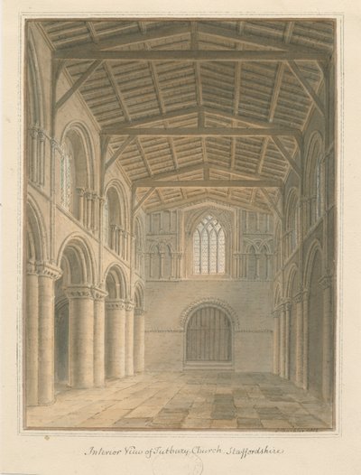 Interiør i Tutbury Priory Church: akvarellmaling av John Buckler