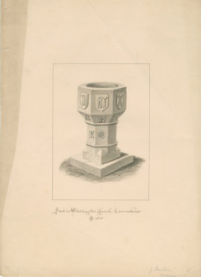 Lancashire - Waddington Church - Font: sepia-tegning, 1808 av John Buckler