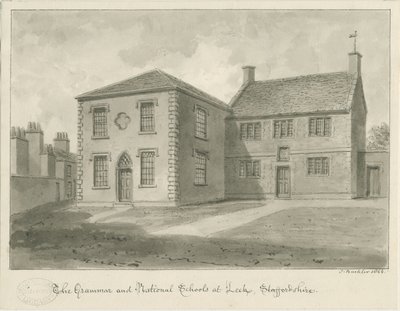 Leek Town - Grammar School: sepia-tegning, 1844 av John Buckler