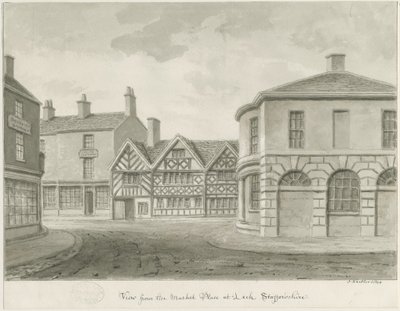 Leek Town - Market Place: sepia-tegning av John Buckler