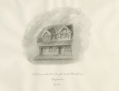 Leek Town - Old Houses in Market Place: sepia-tegning av John Buckler