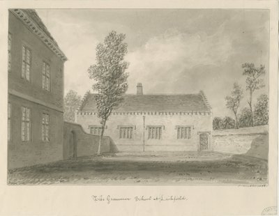 Lichfield - Grammar School: sepia-tegning av John Buckler