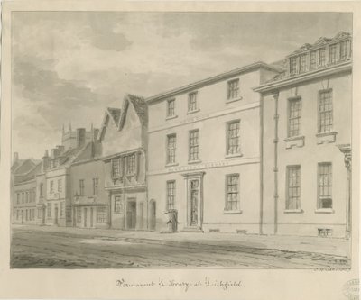 Lichfield - Bibliotek: sepia-tegning, 1833 av John Buckler