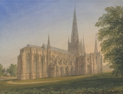 Lichfield Cathedral - North East View: vannfargemaleri, nd [1770-1851] av John Buckler