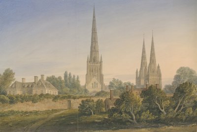 Lichfield Cathedral - North View: vannfargemaleri, 1841 av John Buckler