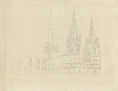 Lichfield Cathedral - North West View: etsning, 1807 av John Buckler