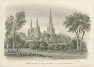 Lichfield Cathedral - South West View: sepia-tegning av John Buckler