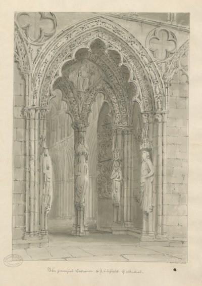 Lichfield Cathedral - West Doorway: sepia-tegning av John Buckler