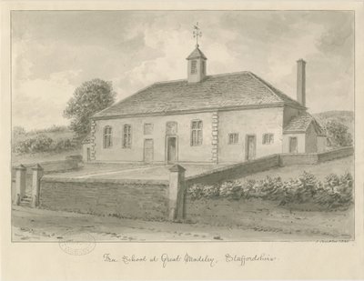 Madeley - Free School: sepia-tegning, 1840 av John Buckler
