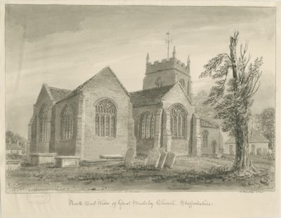Madeley Church: sepia vask tegning av John Buckler