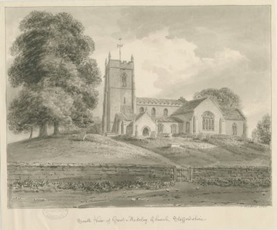 Madeley Church: sepia vask tegning av John Buckler