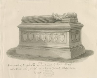 Maer Church - Monument til Sir John Bowyer og Lady Catherine: sepia vasketegning, 1843 av John Buckler