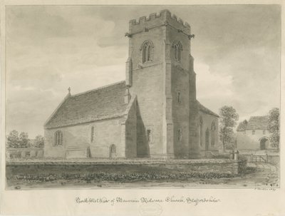 Mavesyn Ridware Church: sepia-tegning, 1839 av John Buckler