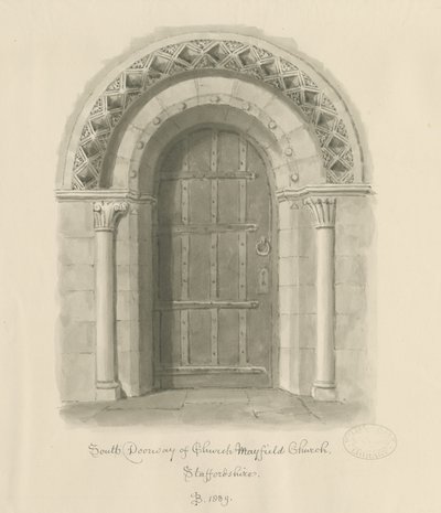 Mayfield Church - South Doorway: sepia vasketegning, 1839 av John Buckler