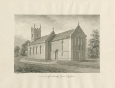 Newborough Church: sepia vask tegning av John Buckler