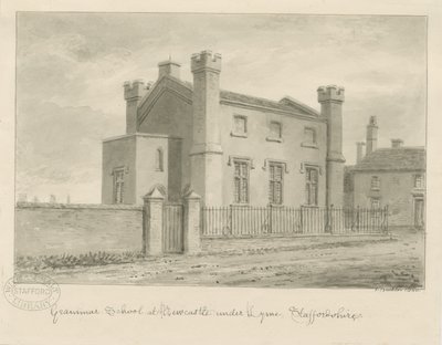 Newcastle-under-Lyme - Grammar School: sepia vasketegning, 1840 av John Buckler