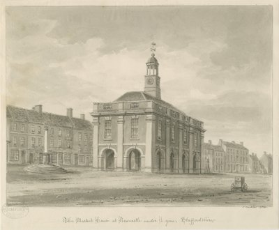 Newcastle-under-Lyme - Market Square: sepiavask-tegning, 1840 av John Buckler