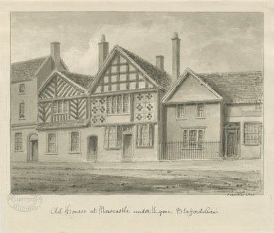Newcastle-under-Lyme - Gamle hus: sepia-tegning, 1840 av John Buckler