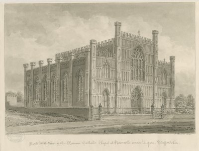Newcastle-under-Lyme - romersk-katolske kapell: sepia-vasketegning, 1840 av John Buckler