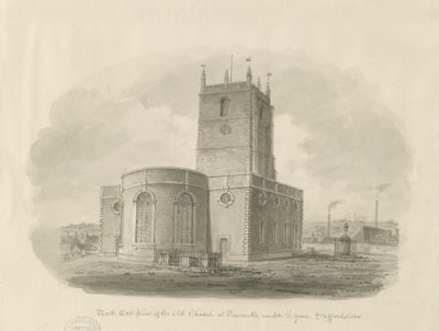 Newcastle-under-Lyme - 'St. Giles the Abbed' (Old Church): sepiavask-tegning av John Buckler