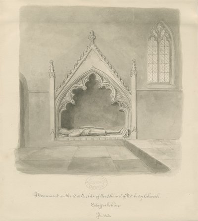 Norbury Church - Monument til Ralph le Boteler: sepia vasketegning, 1843 av John Buckler