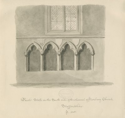 Norbury Church - Priests" boder: sepia vasketegning, 1843 av John Buckler