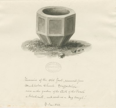 Gammel skrift fra Mucklestone Church: sepia vasketegning, juni 1843 (tegning) av John Buckler