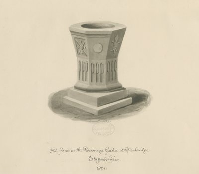Penkridge - Font in Parsonage Garden: sepia-tegning av John Buckler
