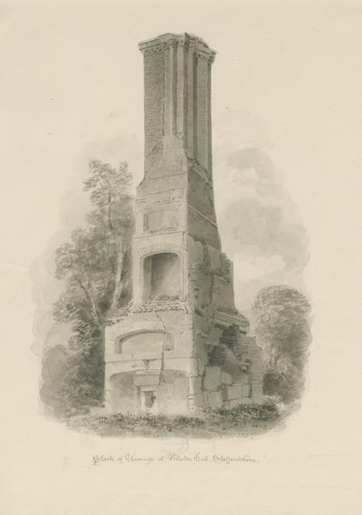 Pillaton Hall - Kitchen Chimney: sepia-tegning (vignettert), nd [1841] (tegning) av John Buckler