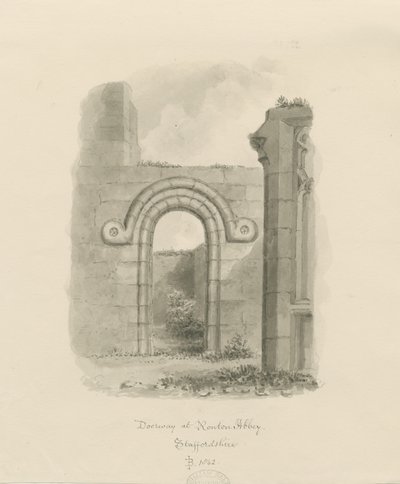 Ranton Abbey [Priory] - Rester av en døråpning: sepia-tegning av John Buckler