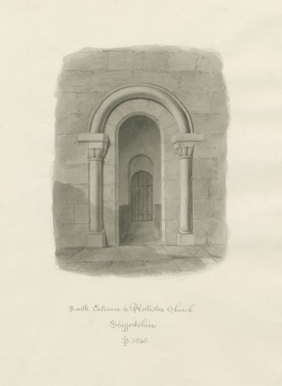 Rolleston Church - South Entrance: sepia-tegning av John Buckler