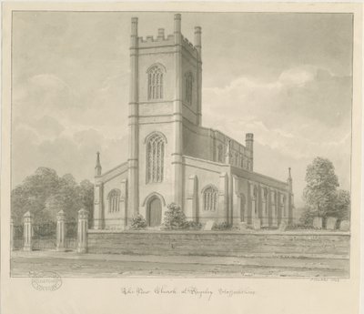 Rugeley Church (Ny): sepia vask tegning av John Buckler
