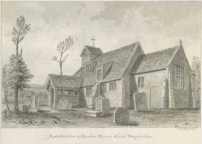 Rushton Spencer Church: sepia vasketegning, 1844 av John Buckler