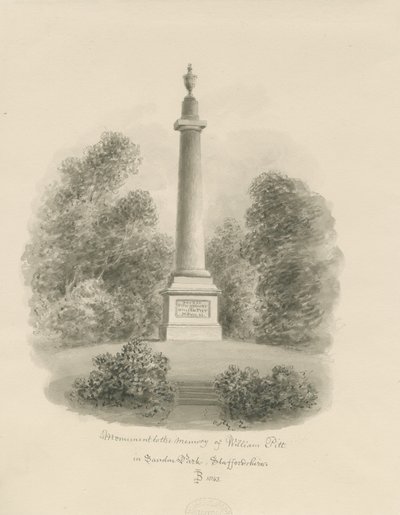 Sandon - Monument til William Pitt: sepia vask tegning av John Buckler
