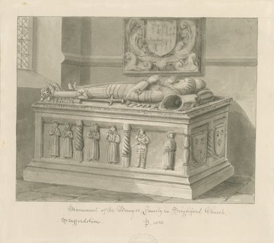 Seighford Church - Tomb of William and Mercy Bowyer: sepia vasketegning, 1842 av John Buckler