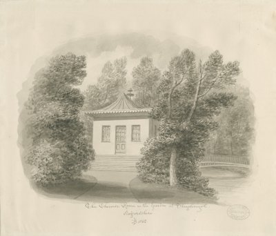 Shugborough - The Chinese Room: sepia vask tegning av John Buckler