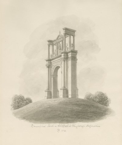 Shugborough - Triumfbue: sepia-tegning av John Buckler