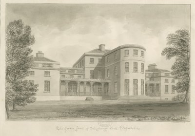 Shugborough Hall - Hagefront: sepia-tegning, 1842 av John Buckler