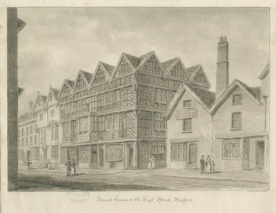 Stafford - Ancient "High House": sepia-tegning, 1841 av John Buckler
